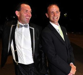 MARRIED AT MIDNIGHT Joel Player and Alan Wright who were due to marry in Canberra at 12.01am. (Photo: Melissa Adams) 