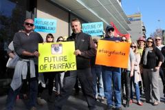 FAIRFAX STRIKE Photographer Kirk Gilmour and union representative Andy Zakeli lead editorial staff striking outside offices of the Illawarra Mercury in Wollongong, May 8, 2014.